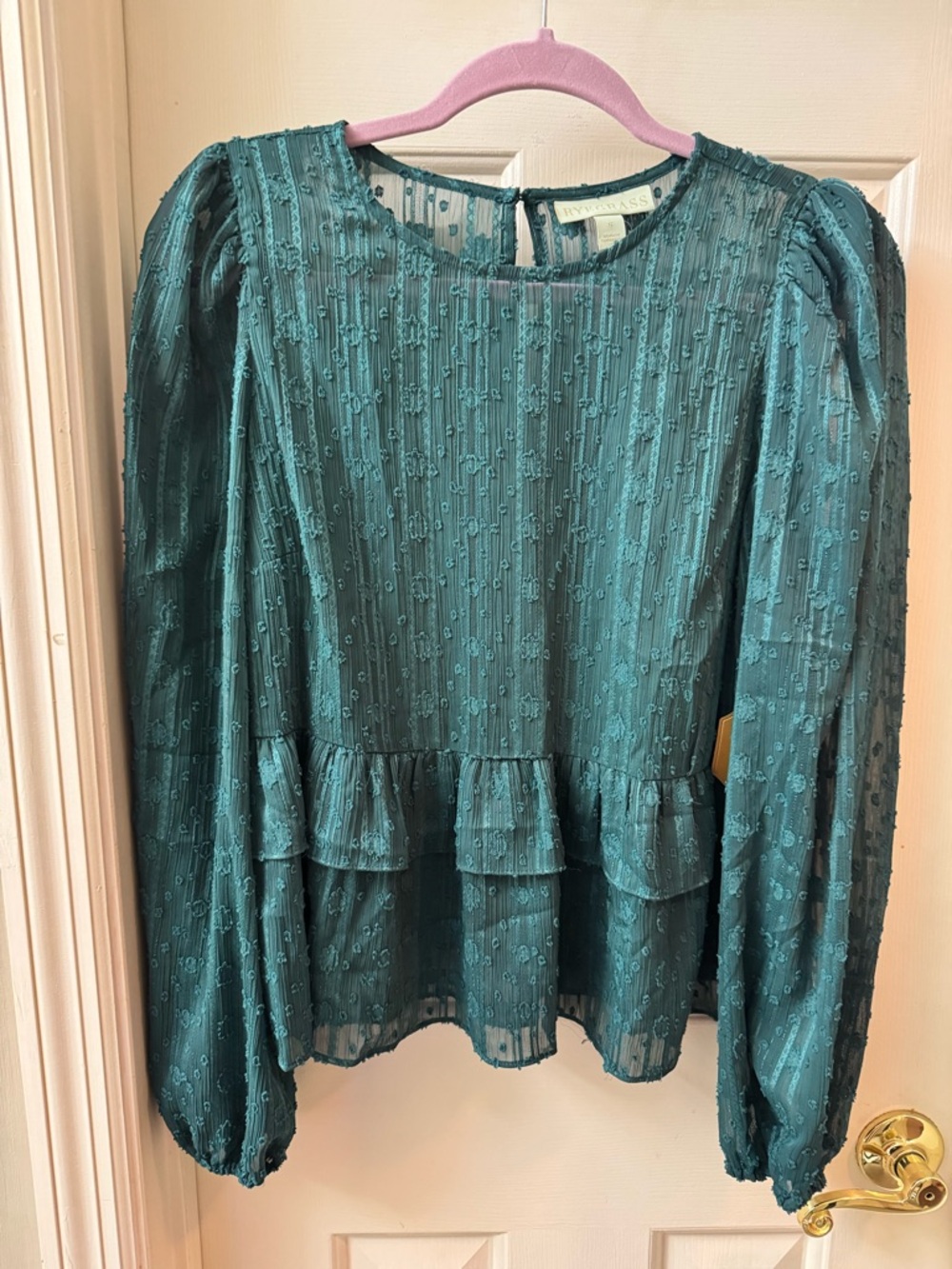 Ruffle Hem Teal Long-Sleeve Blouse